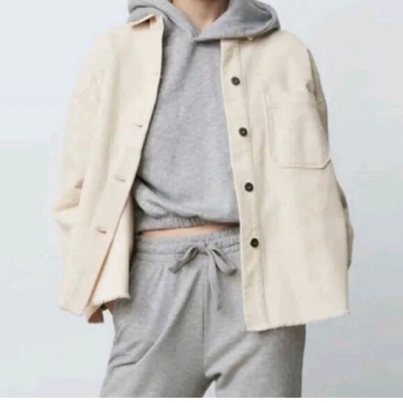 Zara Corduroy Shacket Jacket Cropped Oversized Cotton Cream Large Fringed Hem - Picture 1 of 8